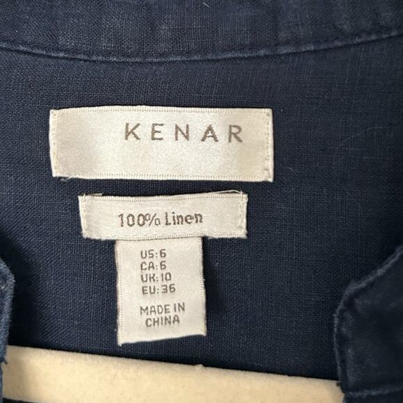 Kenar 100% Linen Shirt Dress Women's Size 6 Navy Button Front Roll-Tab Sleeves - Picture 4 of 8